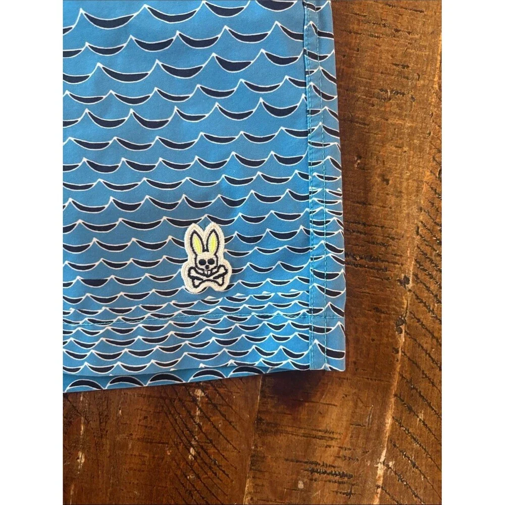 Psycho Bunny Blue Wave Print Boys Lined Swim Trunks in Size 10-12